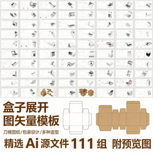 盒子展开图矢量模板 纸盒包装盒设计平面刀版图刀模图纸Ai源文件-虚拟资料平台